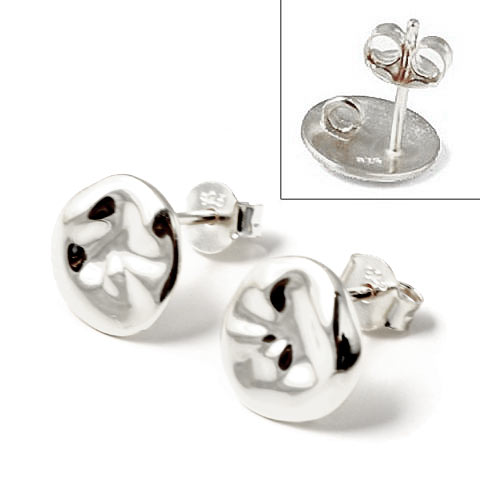 Earstuds, uneven coin with loop on the back, shiny, silver, 10x13mm, 2pcs