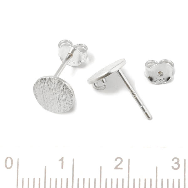 Earstuds with flat brushed coin with loop, sterling silver, diameter 8mm, 2pcs