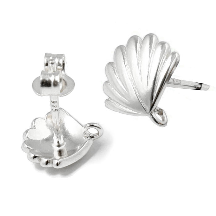 Ear stud, sea shell with open loop, silver, 10x9.5 mm, 2 pcs