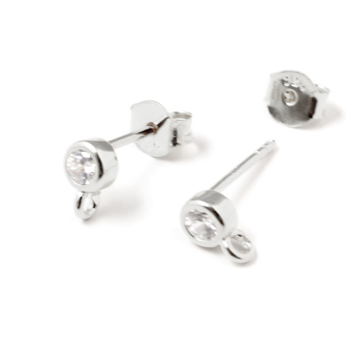 Earring with round zircon and open loop, silver, width 4.2 mm, 2 pcs