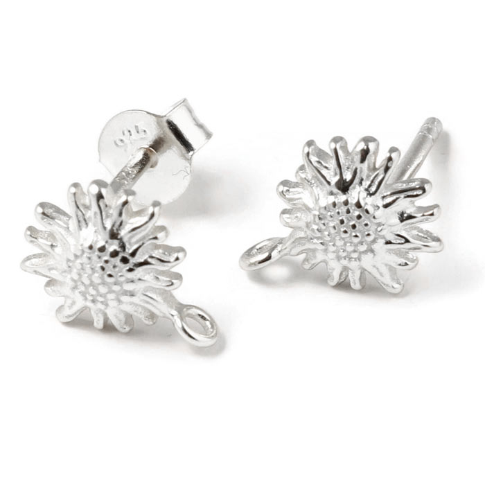 Earstuds, flower with loop, sterling silver, 10x8 mm, 2 pcs