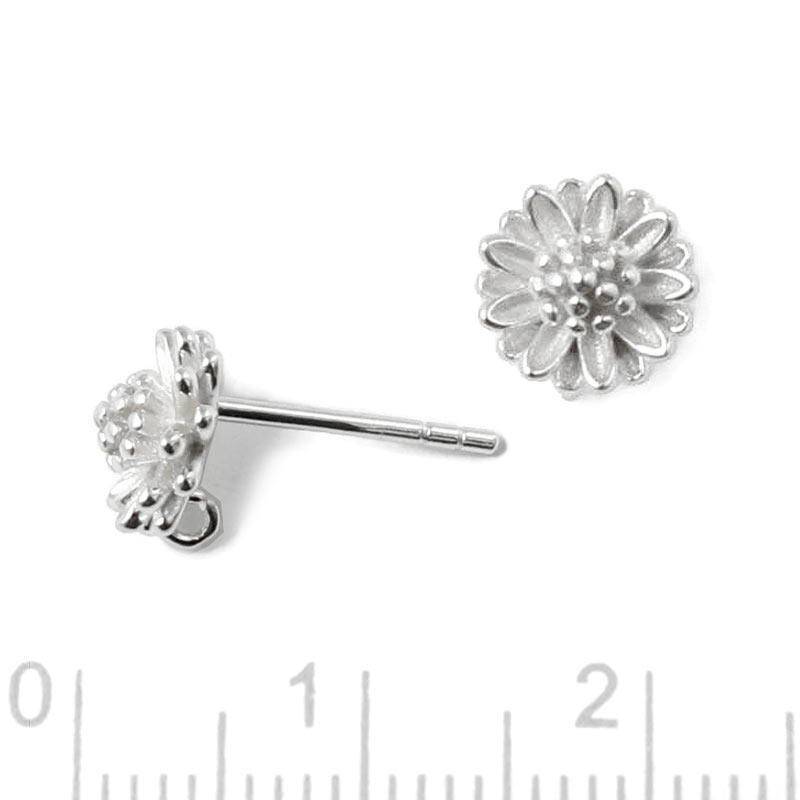 Ear stud, Dalia flower with loop on the back, silver, 8 mm, 2 pcs