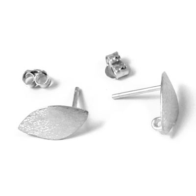 Earstuds, brushed bend leaf and eye, Sterling silver, 13.5x9mm, 2pcs.
