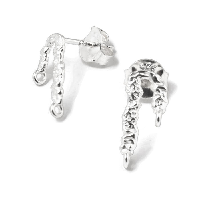 Ear studs, coral branches with eyelets, hammered, 14x6 mm, silver, 2 pcs.