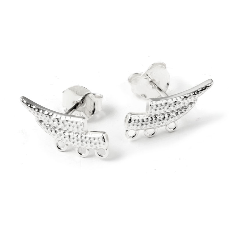 Ear stud, wing with 3 eyelets, hammered, 14.5x6,5 mm, silver, 2 pcs.