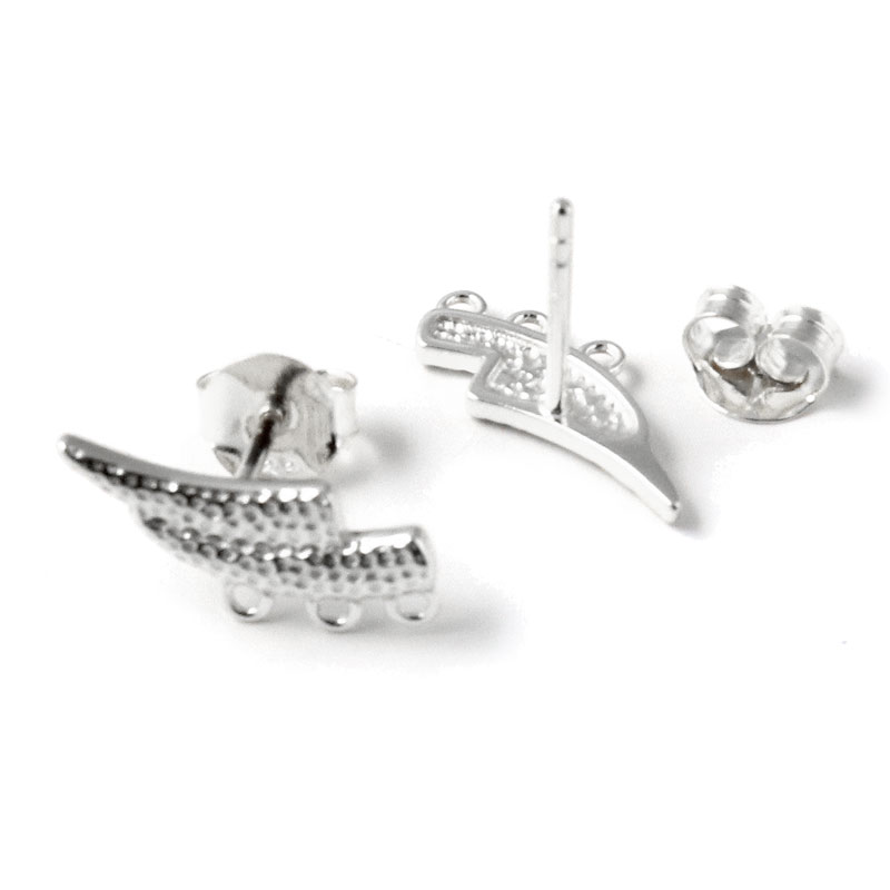 Ear stud, wing with 3 eyelets, hammered, 14.5x6,5 mm, silver, 2 pcs.