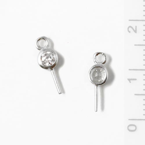 Eyepin, sterling silver with 3 mm cubic zirconia, 12x0.8mm, 1pc