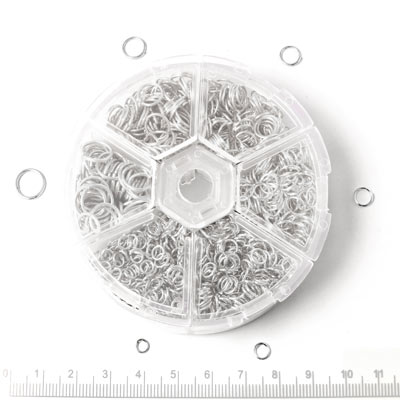 Jumpring-set, silver-plated, smart plastic container with 8 different sizes.