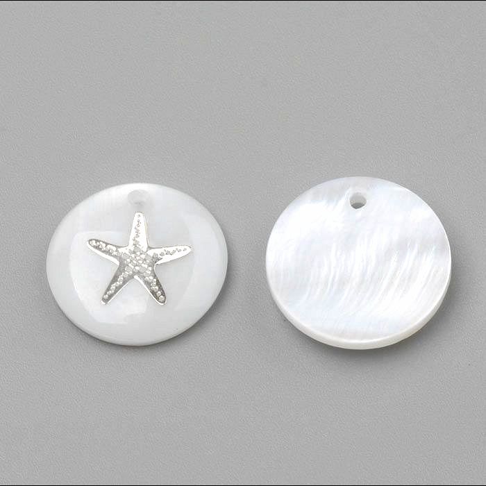 Mother-of-pearl, coin-shaped pendant with starfish in silver, 16x3.5-4 mm, 2 pcs.