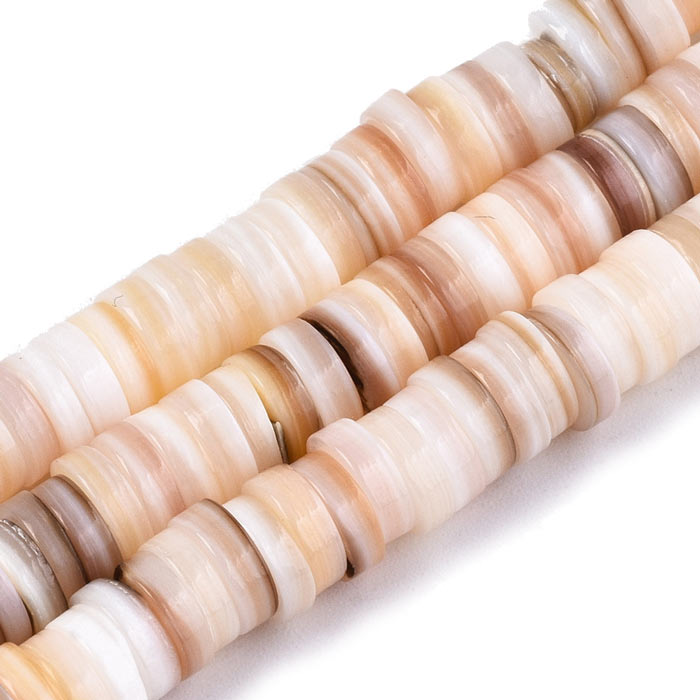 Mother of pearl, coin with hole, Heishi, white-brown, approx. 6x1,5mm, 20pcs