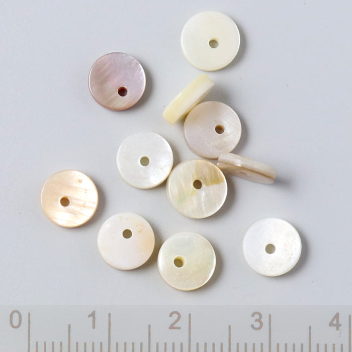 Mother of pearl, coin with hole, Heishi, white-brown, approx. 8x1,5mm, 20pcs