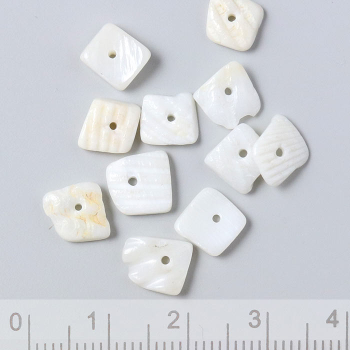 Mother of pearl, flat uneven square w. hole, white, approx. 10x8x2mm, 20pcs