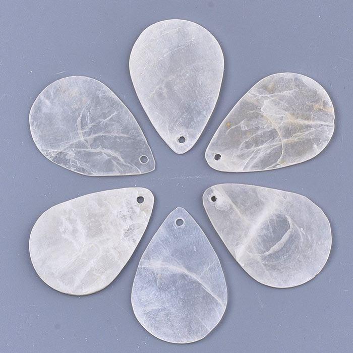 Mother of pearl disc, flat, drop shape, transparent, size 37,5x25,5 mm. 6 pcs.