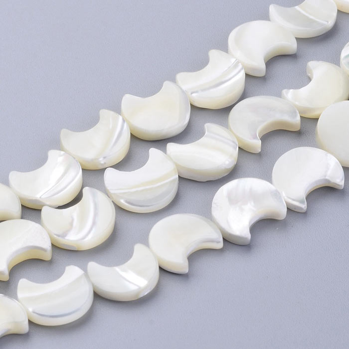 Mother of pearl crescent moon, bead, white with hole lengthwise, 11x12x3 mm, 4 pcs