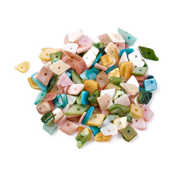 Mother of pearl, flat uneven square, mixed pastel colours, approx. 5x7x1.5mm, appx. 360 pcs.