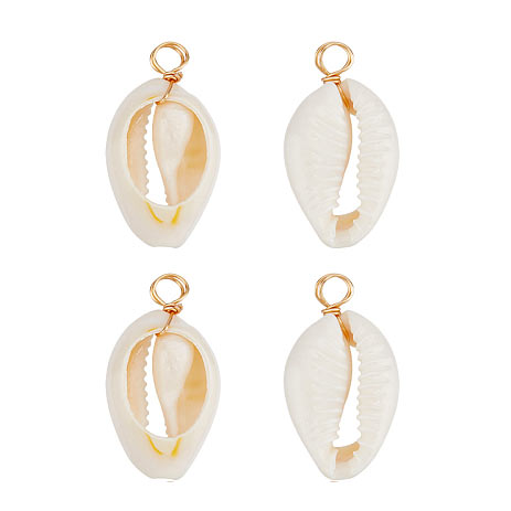 Cowrie shell pedant, oval, natural white with wire loop, approx. 20-25x12-15mm, 6pcs