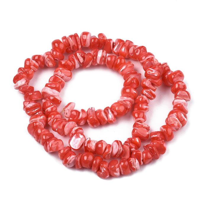 Mother of pearl, red, dyed, fullstrand, polished pieces, appx. 8x10x6mm, appx. 100 pcs