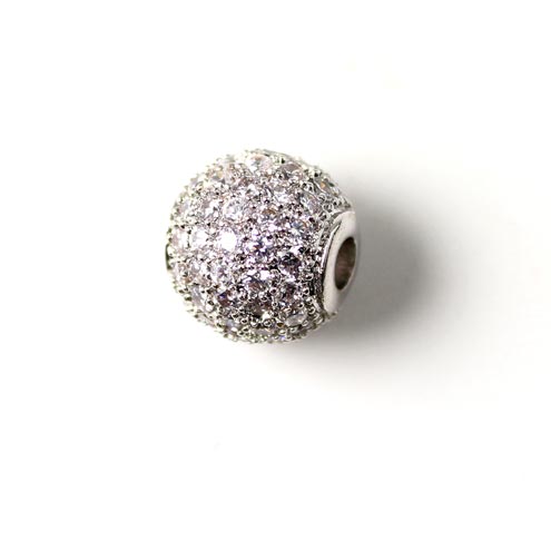 Round exclusive silvered bead, set with transparent zirconia, 6mm, 1pc