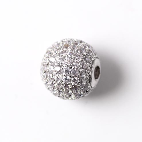 Round exclusive silvered bead, set with transparent zirconia, 12mm, 1pc.