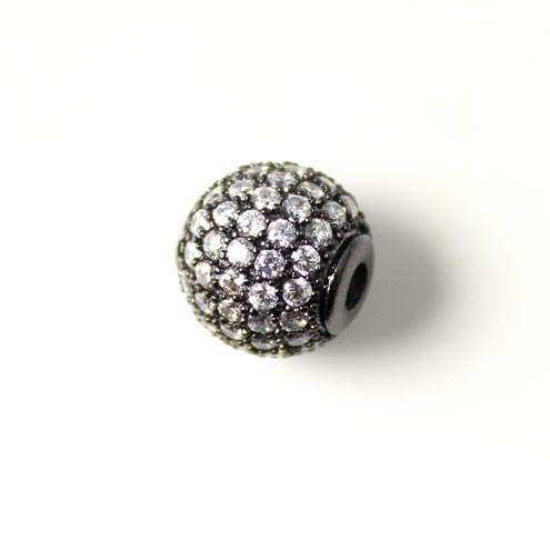 Round exclusive black oxidised bead, set with transparent zirconia, 10mm, 1pc.