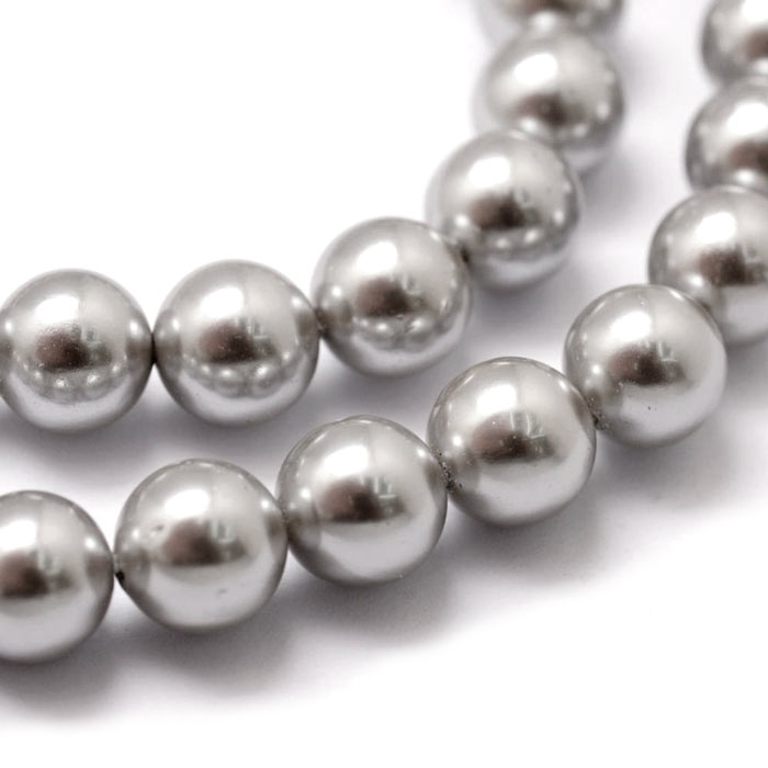 Shell pearl, full strand, round, light grey, 8mm. A-grade, appx. 47 pcs.