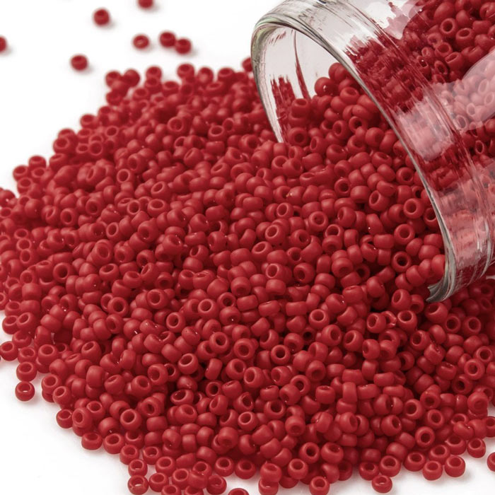 Toho Seed beads, red, opaque, frosted, #11, 2x1.5mm, 10gr., 1100 pcs