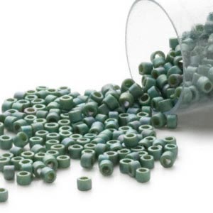 Delica, size #11, glass, matte iridescent pine green, 1.1x1.7mm, 5.2g.