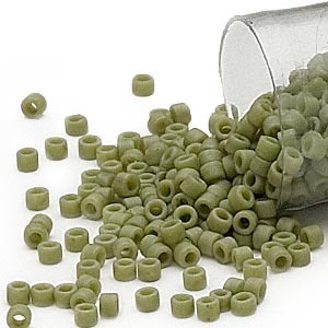 Delica, size #11, army green, glass bead, matte, opaque, 1.1x1.7mm, 5.2g.