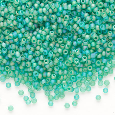 Matsuno seed bead #11, transparent, rainbow green,, opaque, 2x1.6mm, 40gr, ca. 4100pcs, 