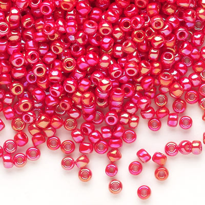Glass bead, seed bead, size #8, rainbow red, 3x2mm, 40 g