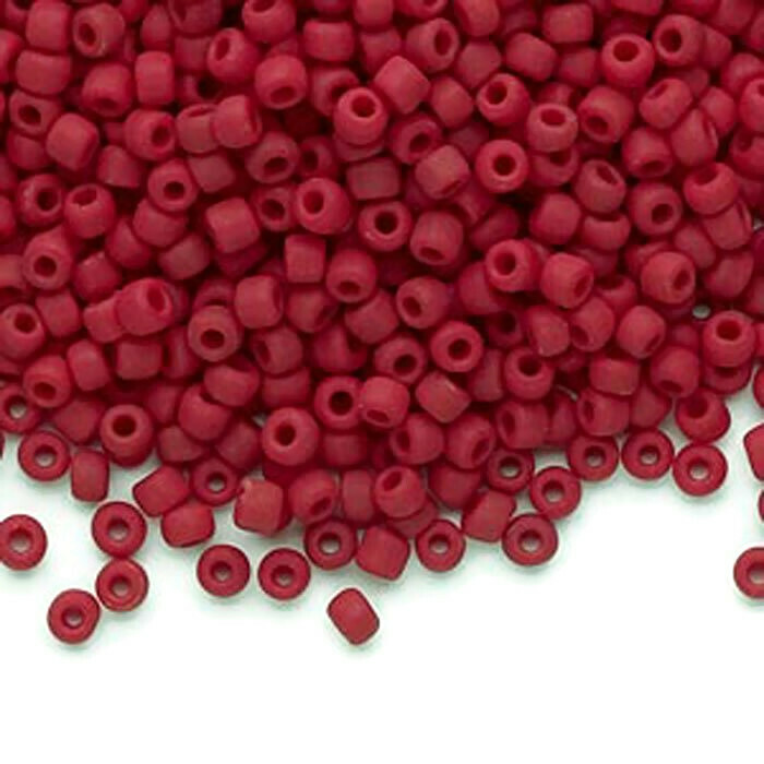 Glass bead, seed bead, size #8, matt red, 3x2mm, 40 g