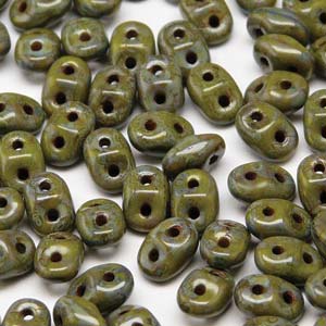 Matubo Mini-duo, 2-hole bead, olive Picasso, 2x4mm, 8g, approx. 180 pcs