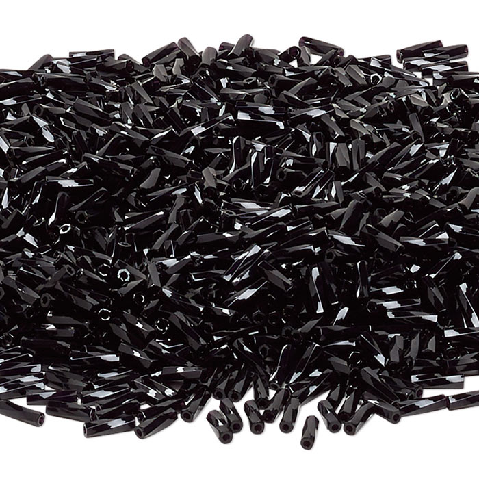 Miyuki, Glass bugle bead, twisted, opaque, schwarz, 6x2 mm, hole appx. 0.7mm ca. 400pcs