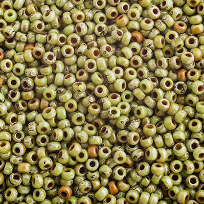 Miyuki seed bead, Chartreuse Picasso, size #11, 2x1,5 mm, ca. 1200 pcs