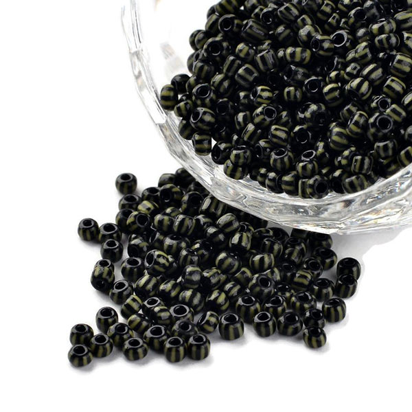 Striped glass seed bead, #12, black/green, 2 mm, ca. 700 pcs.