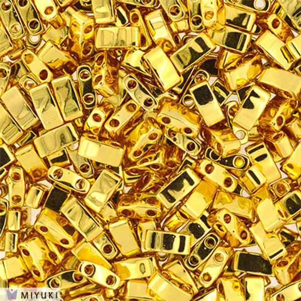 Miyuki half-Tila beads, opaque, 24ct gold-plated, 5x2.3mm, 5gr, approx. 130pcs