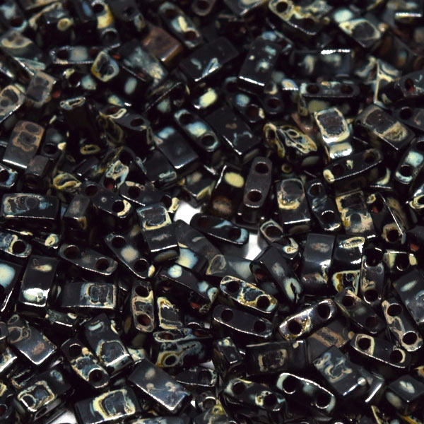 Miyuki, half Tila, two-hole-bead, opaque, smoky black, Picasso, 5x2,3mm, 5gr, ca. 130pcs