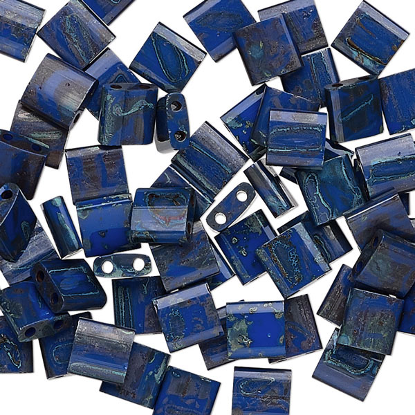 Miyuki Tila, two-hole-bead, opaque, stained cobalt blue, Picasso, 5x5x2mm, 10gr, 110pcs