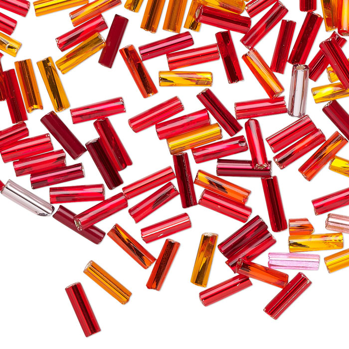 Preciosa, Glass bugle beads, silver-lined, red-orange, approx. 6x2 mm, 10gr.