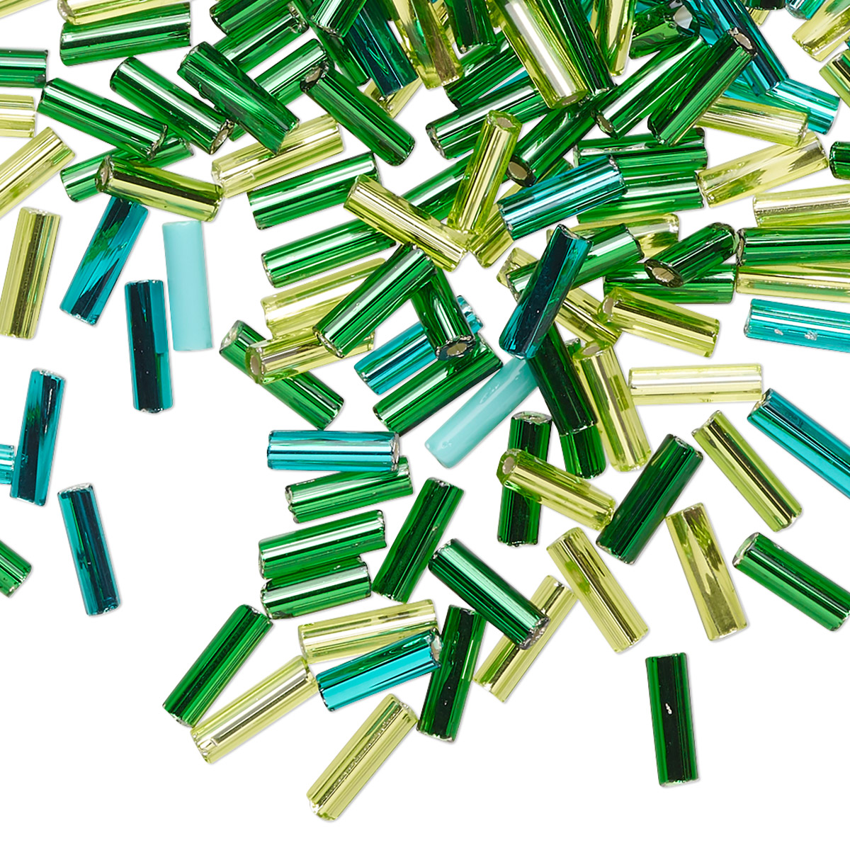 Preciosa, Glass bugle beads, silver-lined, green-turquoise, approx. 6x2 mm, 10gr.