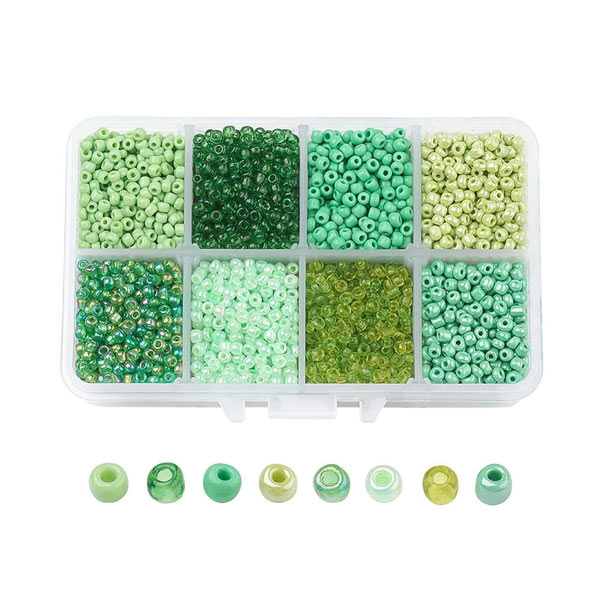 Seed bead mix in box, 4mm, size #6, green, ca. 1900 beads, 1 pc