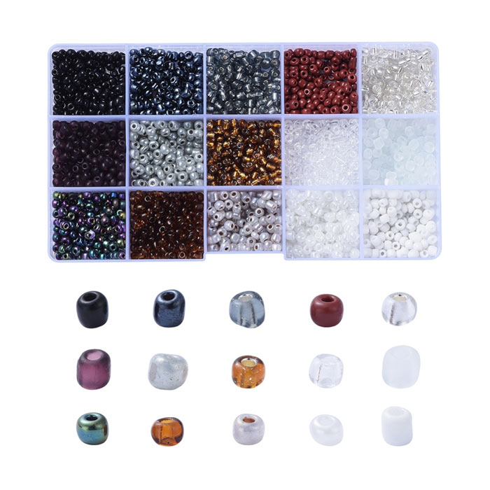 Seed bead mix in box, 4 mm, size #6, grey, brown and white, approx. 1500 beads