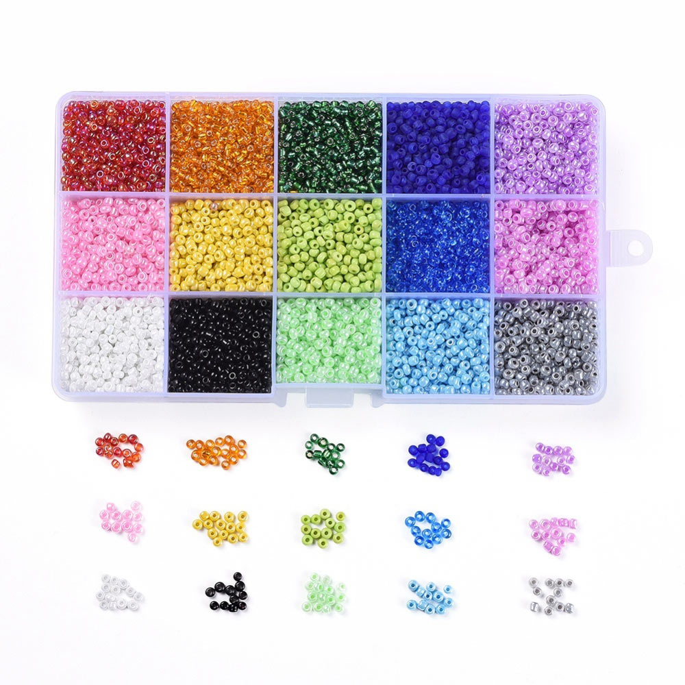Seed bead mix in box, 2mm size #2, 15 different colors, ca. 10000 beads, 1 pc
