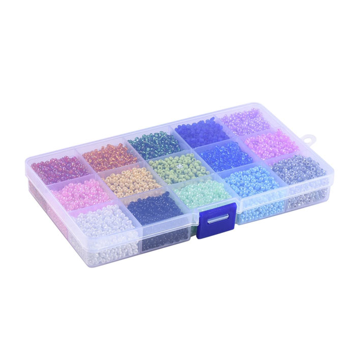 Seed bead mix in box, 2mm size #2, 15 different colors, ca. 10000 beads, 1 pc