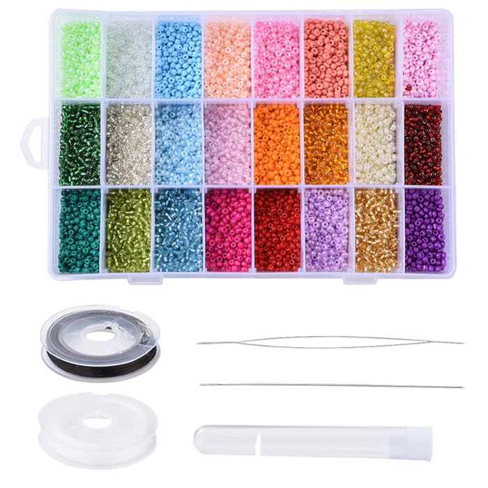 Seed bead set with cord and needle, 3mm size #8, 24 colors, ca. 5000 beads, 1 pc