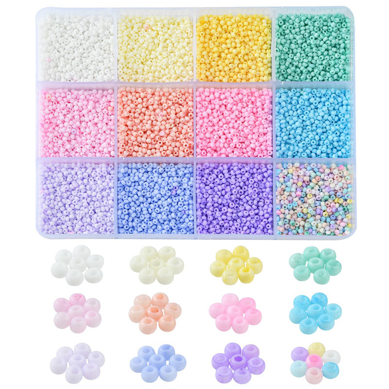 Seed bead mix in box, opaque pastel colours, 2 mm / #13, 12 different, 180 gr.