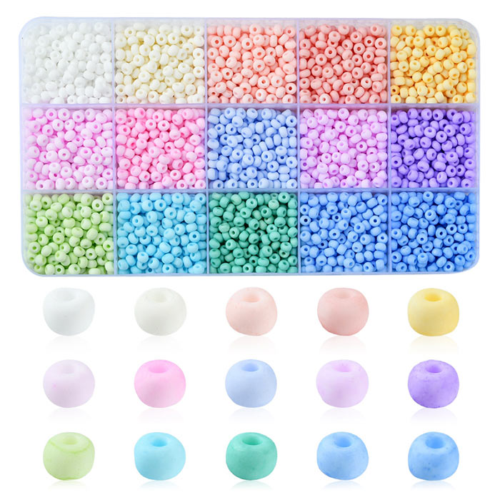 Seed bead mix in box, opaque pastel colours, 4 mm / #6, 15 different, approx. 2200 pcs