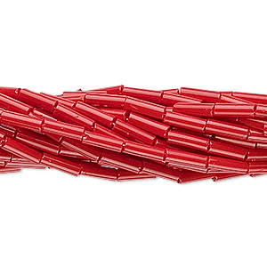 Glass bugle bead, oblong, opaque red, 6x2 mm, 450pcs.