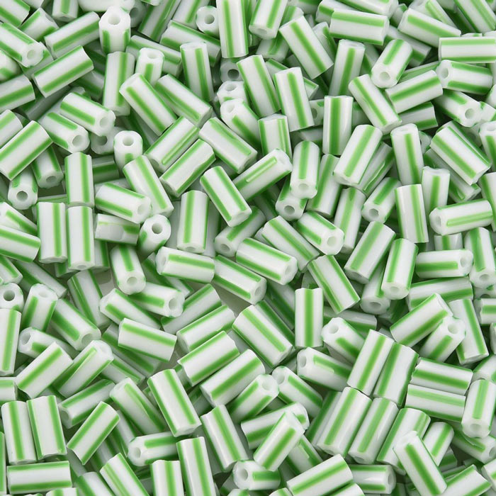 Glass, bugle bead, white/green striped, 8x4 mm, hole 1.8 mm, approx. 87 pcs.