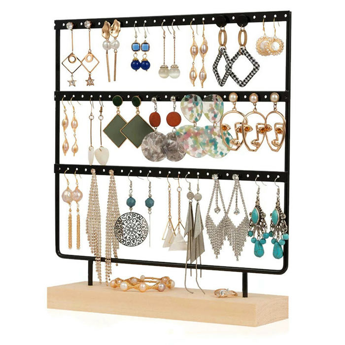 Jewellery stand, black lacquered iron and pine, 69 holes, 30x27x7 cm